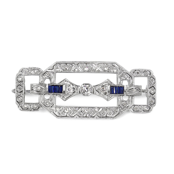 Platinum Art Deco Sapphire and Old + Rose Cut Diamond Brooch