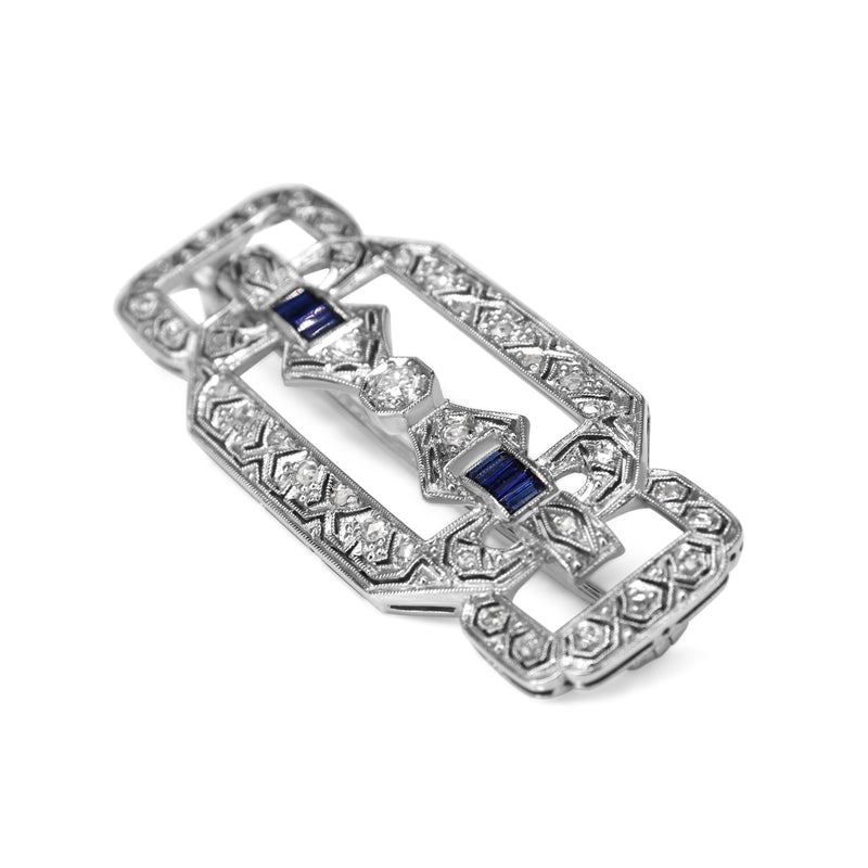 Platinum Art Deco Sapphire and Old + Rose Cut Diamond Brooch