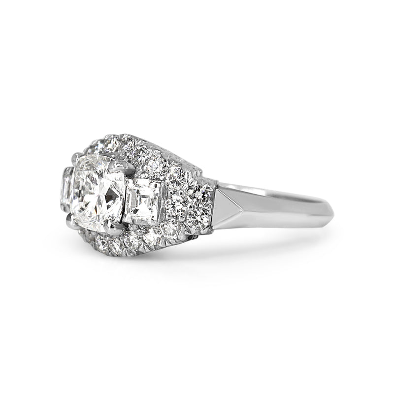 Platinum Vintage Cushion and Carre Cut Diamond Ring