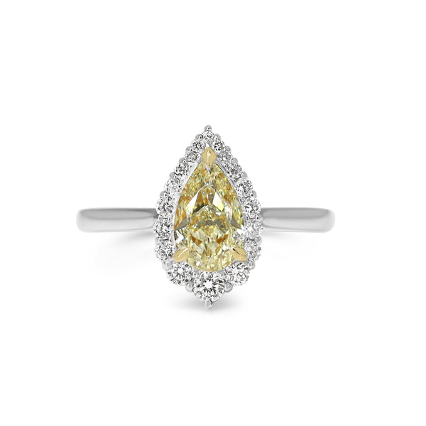 18ct Yellow and White Gold Yellow Pear Diamond Halo Ring