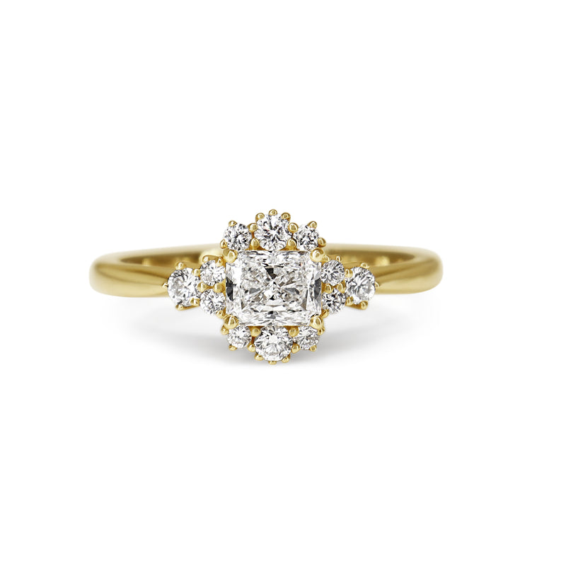 18ct Yellow Gold Radiant Halo East West Diamond Ring