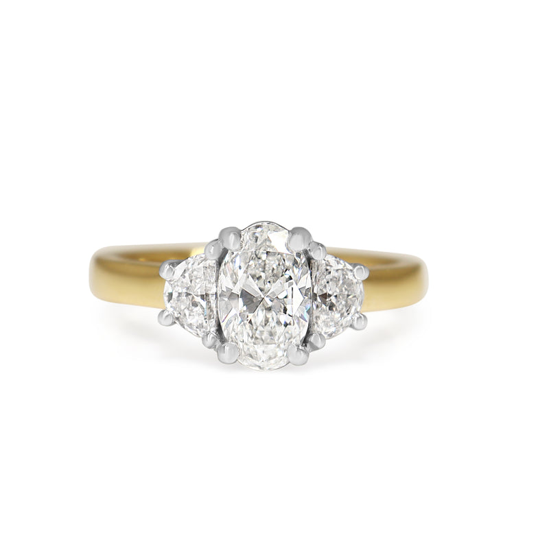 18ct Yellow and White Gold Oval and Half Moon 3 Stone Diamond Ring