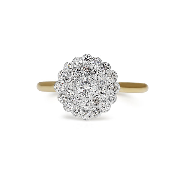 18ct Yellow and White Gold Brilliant and Single Cut Diamond Cluster Daisy Ring