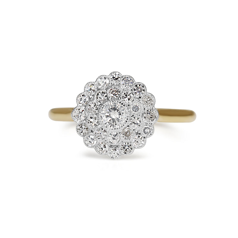 18ct Yellow and White Gold Brilliant and Single Cut Diamond Cluster Daisy Ring