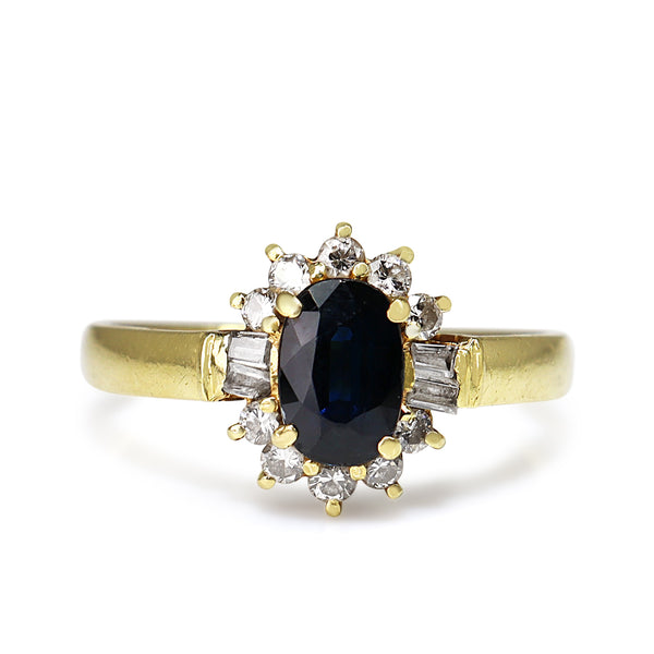 18ct Yellow Gold Sapphire and Diamond Baguette Halo Ring
