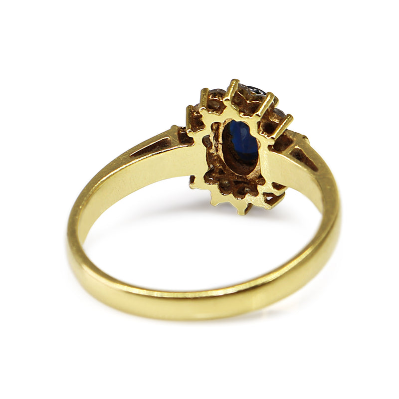 18ct Yellow Gold Sapphire and Diamond Baguette Halo Ring
