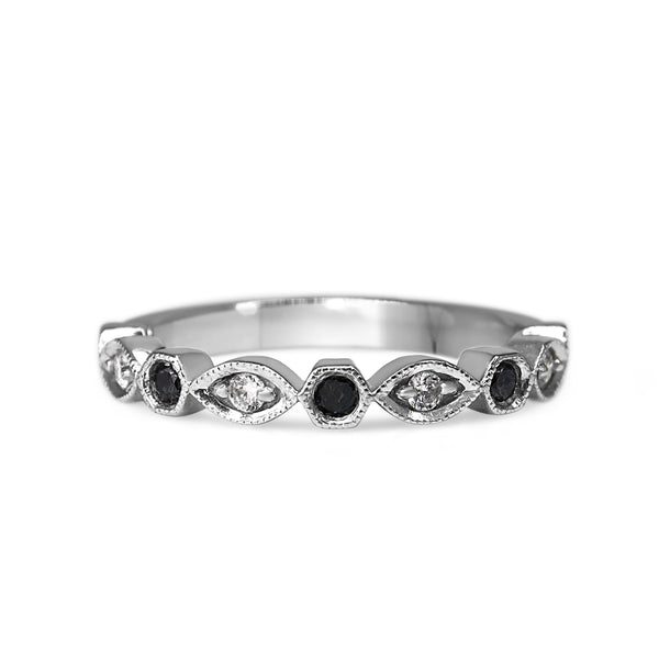 Platinum Vintage Style White and Black Diamond Band Ring