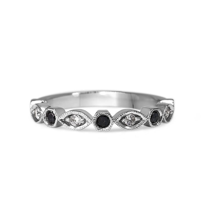 Platinum Vintage Style White and Black Diamond Band Ring