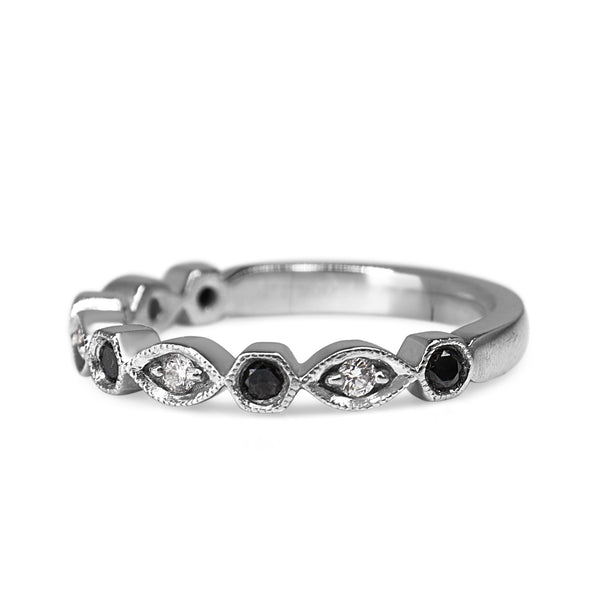 Platinum Vintage Style White and Black Diamond Band Ring