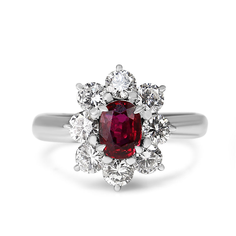 Platinum Ruby and Diamond Halo Cluster Ring