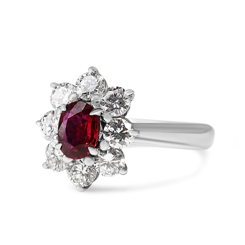 Platinum Ruby and Diamond Halo Cluster Ring