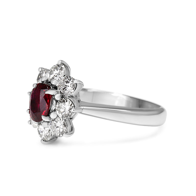 Platinum Ruby and Diamond Halo Cluster Ring
