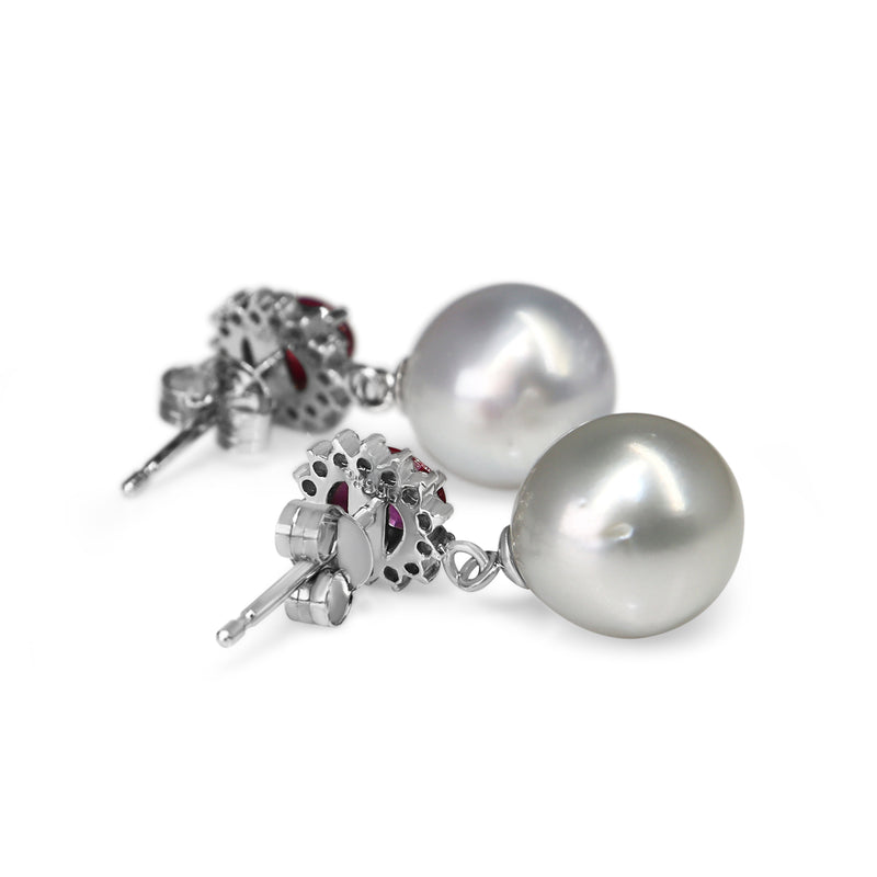 Platinum Ruby, Diamond and 10mm South Sea Pearl Drop Earrings