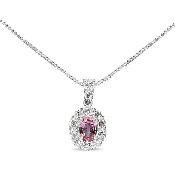 Platinum Pink Sapphire and Diamond Halo Necklace