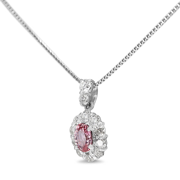 Platinum Pink Sapphire and Diamond Halo Necklace