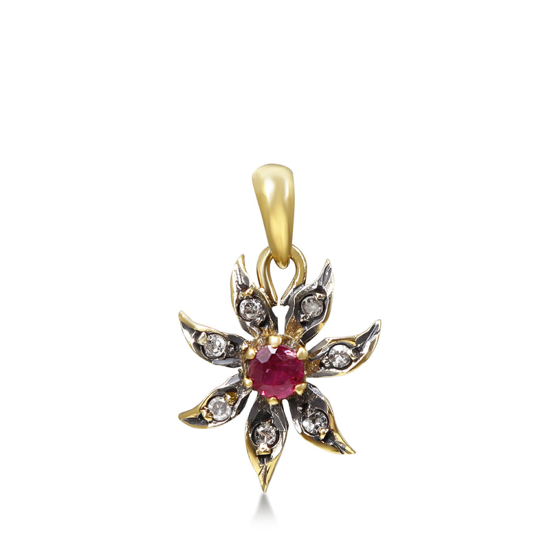 9ct Yellow Gold Ruby and Diamond Flower Pendant