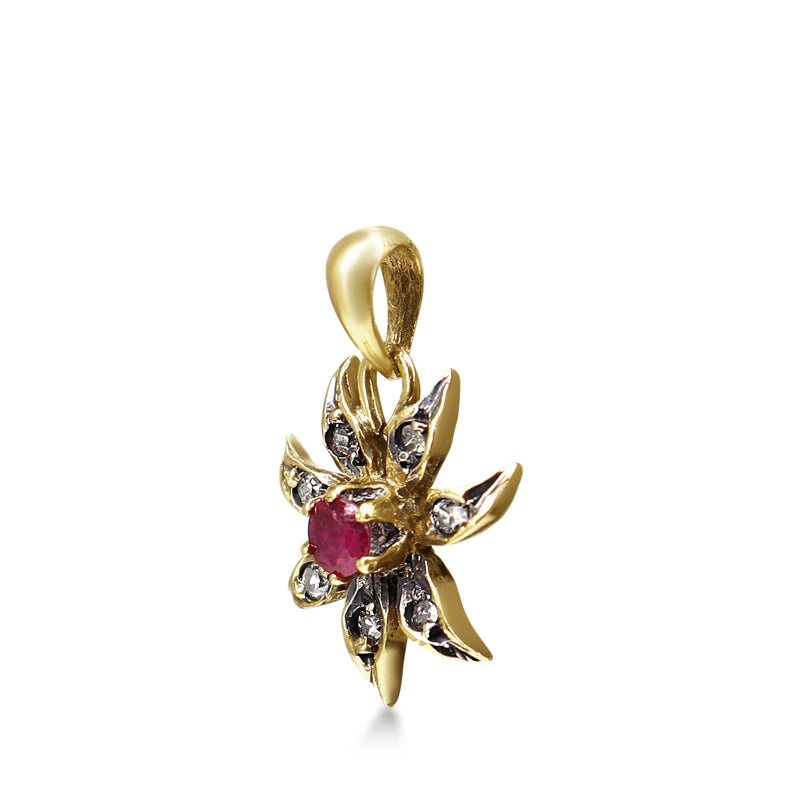9ct Yellow Gold Ruby and Diamond Flower Pendant