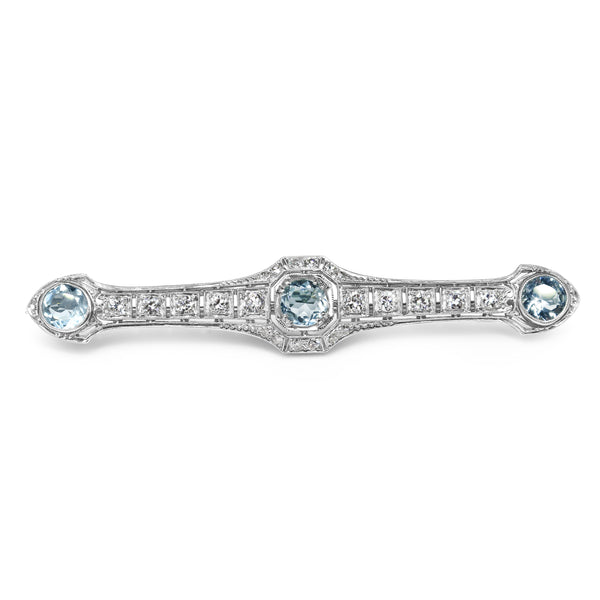 Platinum Art Deco Aquamarine and Old Cut Diamond Brooch