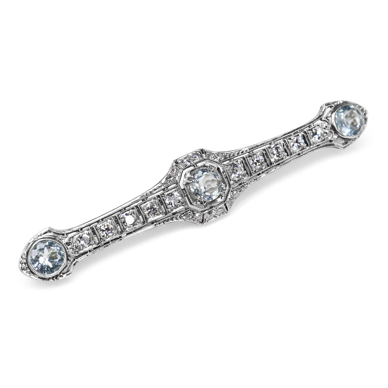 Platinum Art Deco Aquamarine and Old Cut Diamond Brooch