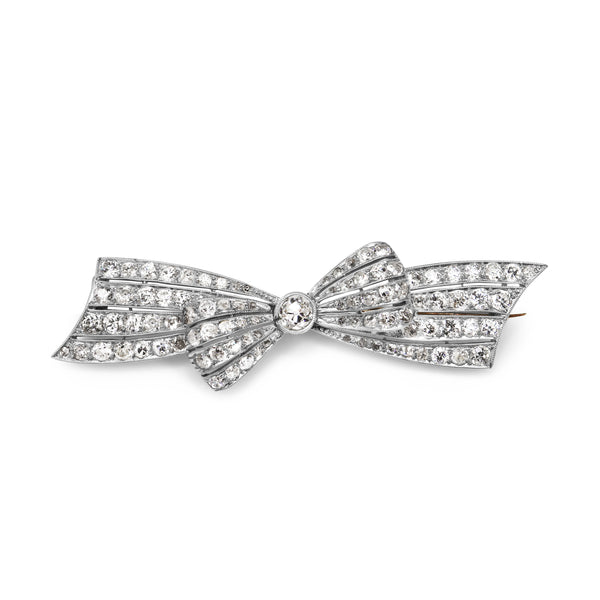 Platinum and 14ct Yellow Gold Art Deco Old Cut Diamond Bow Brooch