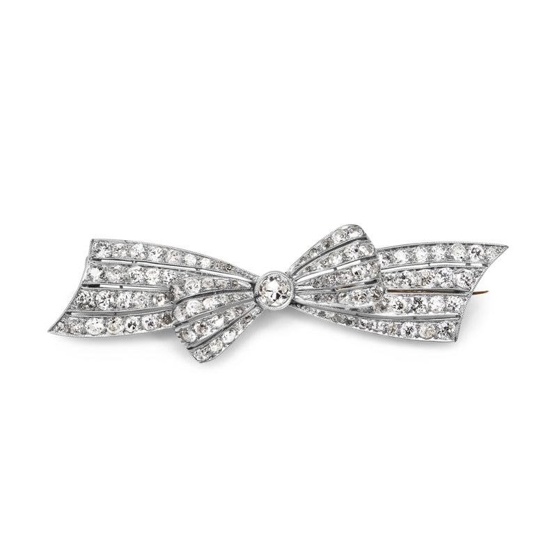 Platinum and 14ct Yellow Gold Art Deco Old Cut Diamond Bow Brooch