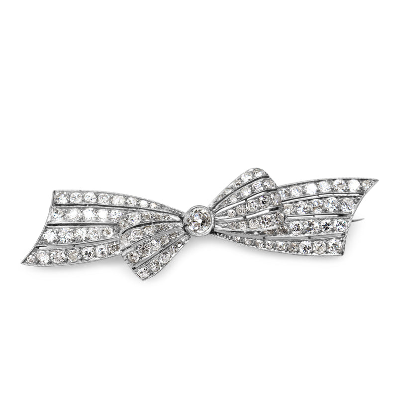 Platinum and 14ct Yellow Gold Art Deco Old Cut Diamond Bow Brooch