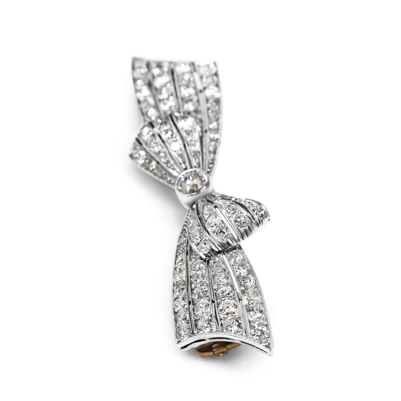 Platinum and 14ct Yellow Gold Art Deco Old Cut Diamond Bow Brooch