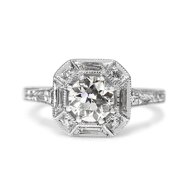 18ct White Gold Art Deco Style Baguette Halo Ring with Etched Band