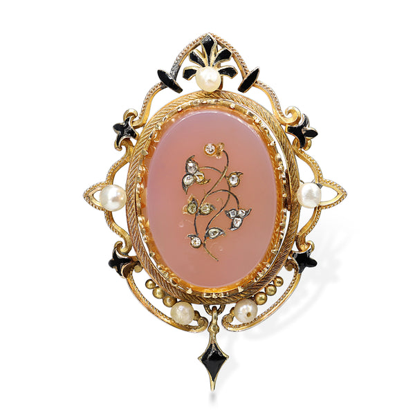 14ct Yellow Gold Antique Carnelian Pearl, Diamond and Enamel Brooch / Pendant
