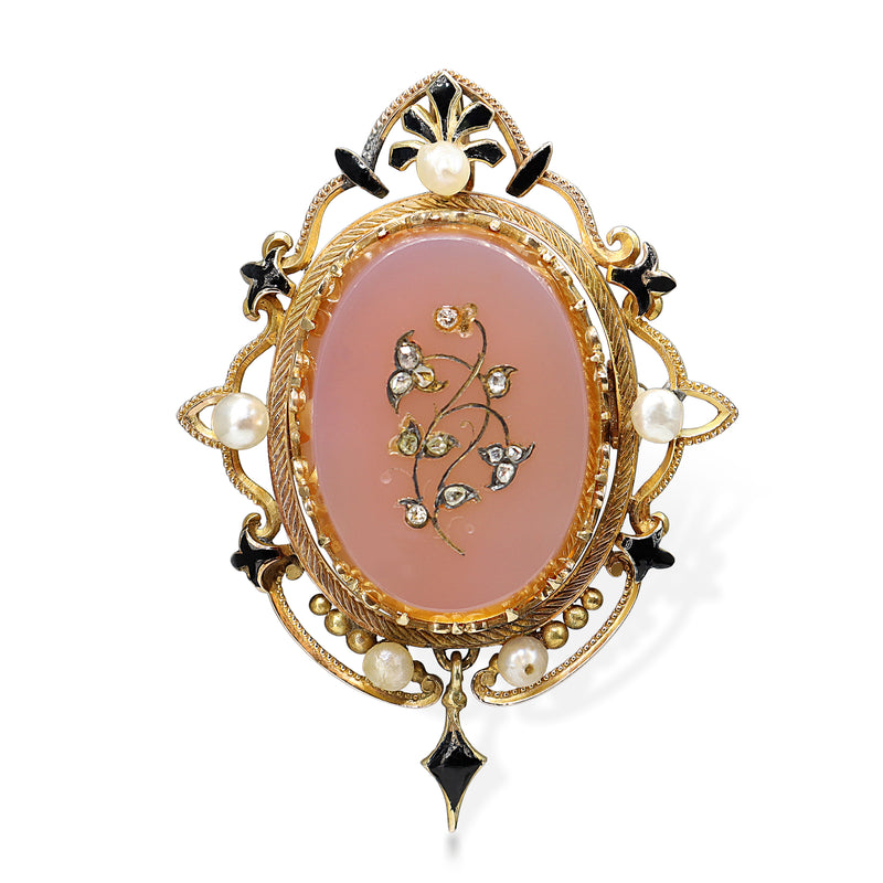 14ct Yellow Gold Antique Carnelian Pearl, Diamond and Enamel Brooch / Pendant