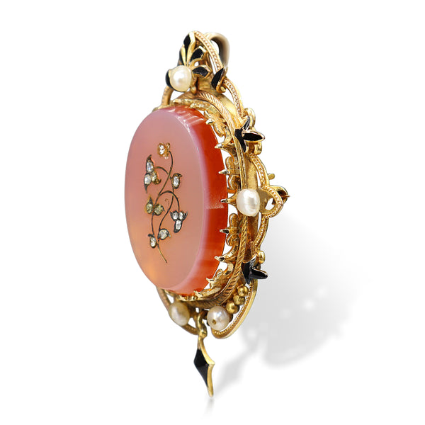14ct Yellow Gold Antique Carnelian Pearl, Diamond and Enamel Brooch / Pendant