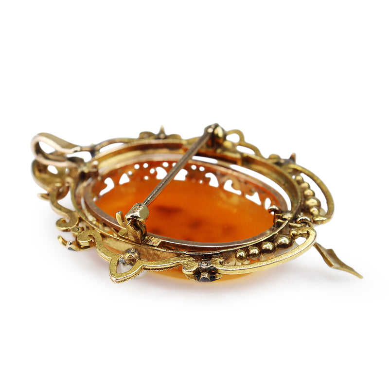 14ct Yellow Gold Antique Carnelian Pearl, Diamond and Enamel Brooch / Pendant