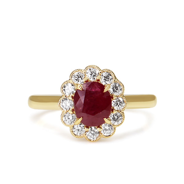 18ct Yellow Gold Ruby and Diamond Daisy Style Ring