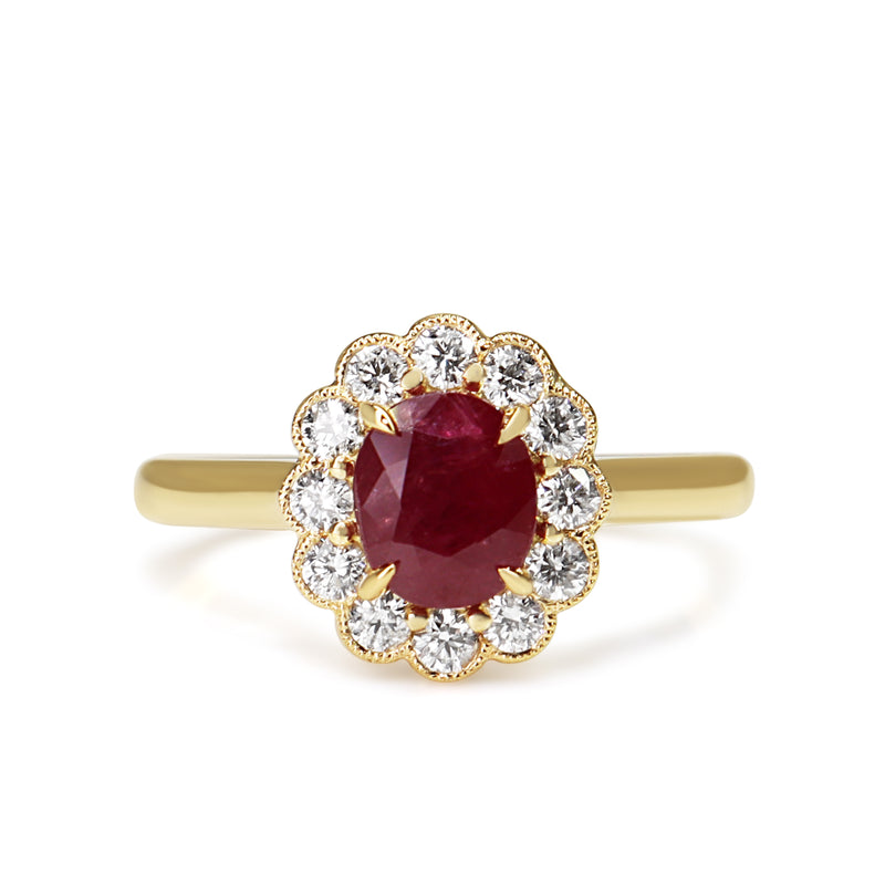 18ct Yellow Gold Ruby and Diamond Daisy Style Ring