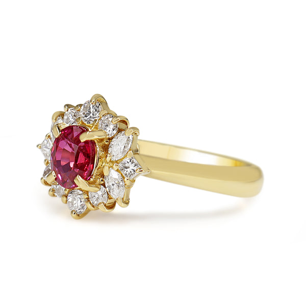 18ct Yellow Gold Ruby and Diamond Cluster Ring
