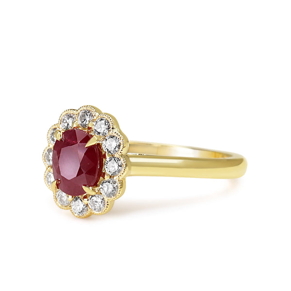 18ct Yellow Gold Ruby and Diamond Daisy Style Ring