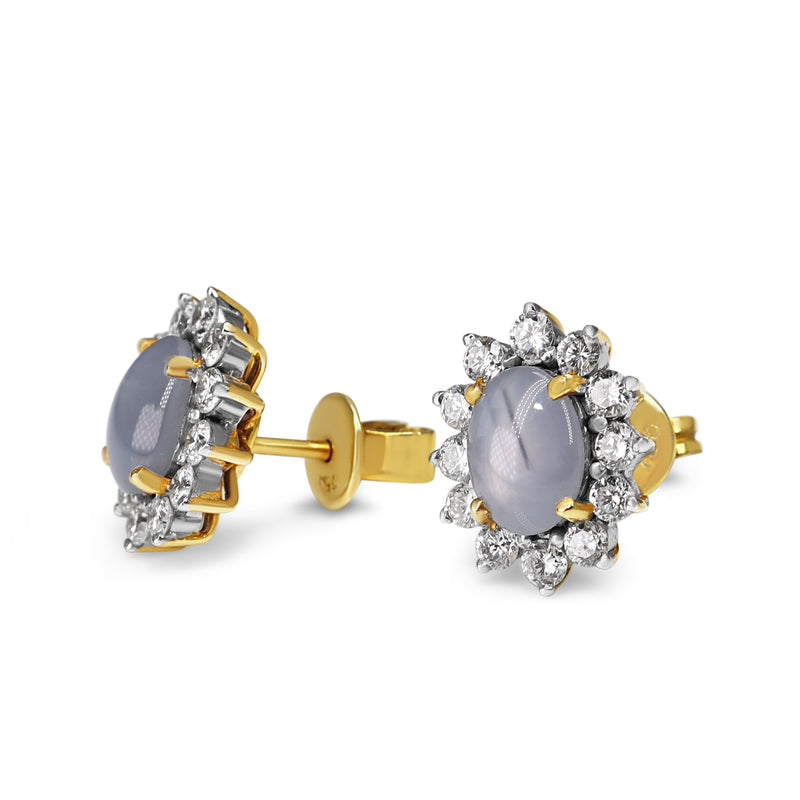 18ct Yellow and White Gold Star Sapphire and Diamond Halo Stud Earrings