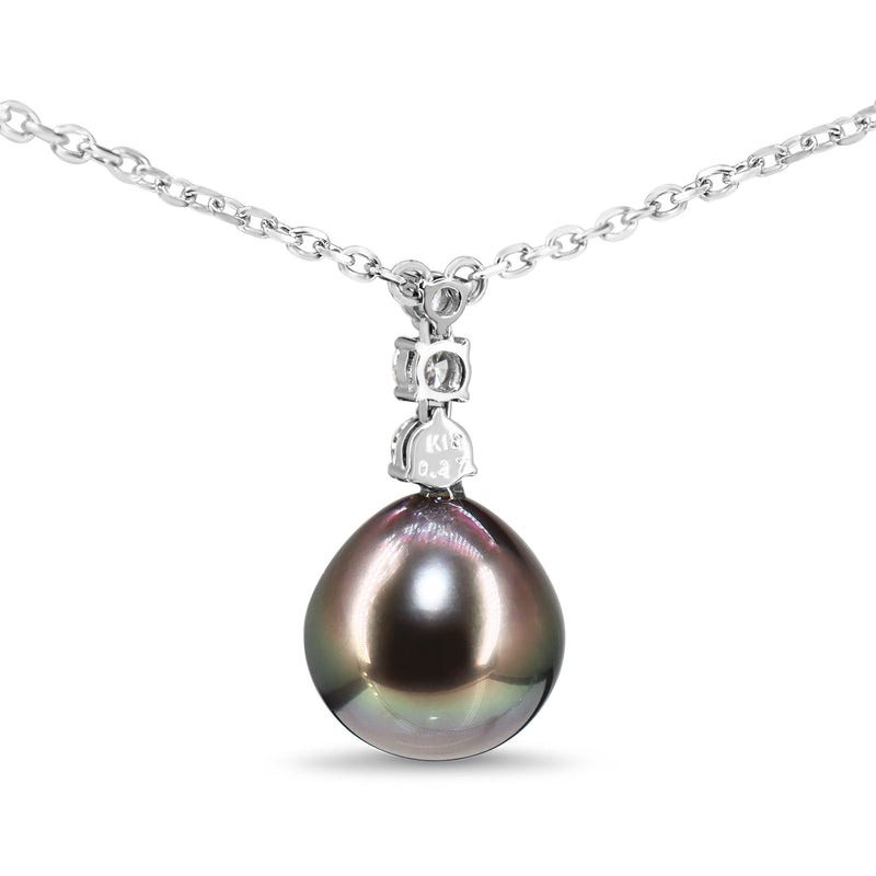 18ct White Gold 12mm Tahitian Pearl and Diamond Drop Necklace