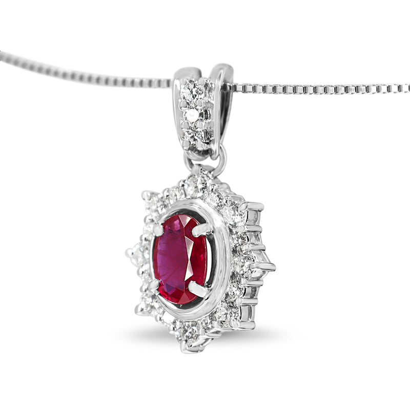 Platinum Ruby and Diamond Halo Necklace