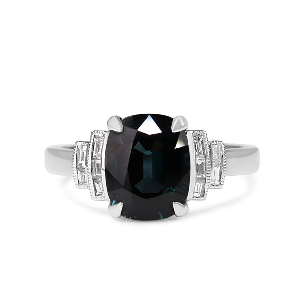 18ct White Gold Blue Spinel and Baguette Diamond Deco Style Ring