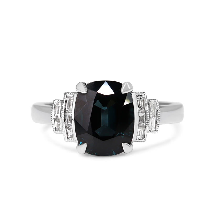 18ct White Gold Blue Spinel and Baguette Diamond Deco Style Ring