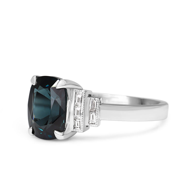 18ct White Gold Blue Spinel and Baguette Diamond Deco Style Ring