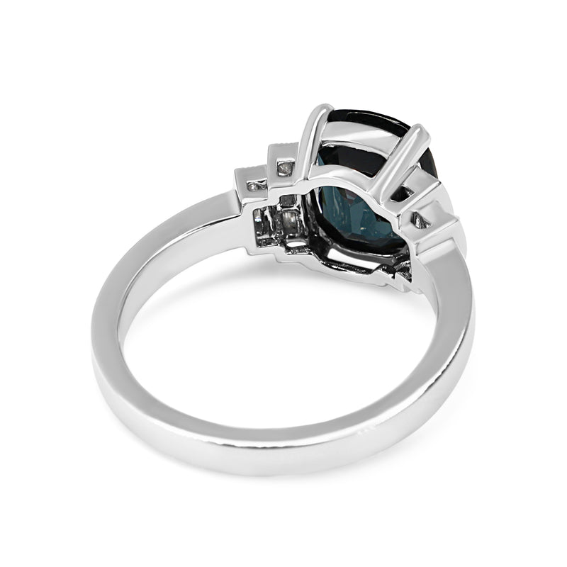 18ct White Gold Blue Spinel and Baguette Diamond Deco Style Ring