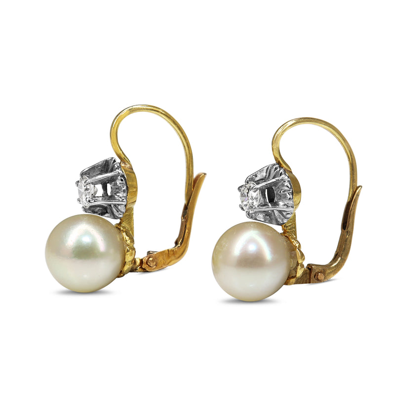18ct Yellow and White Gold Antique Cultured Pearl and Old Cut Diamond Earrings