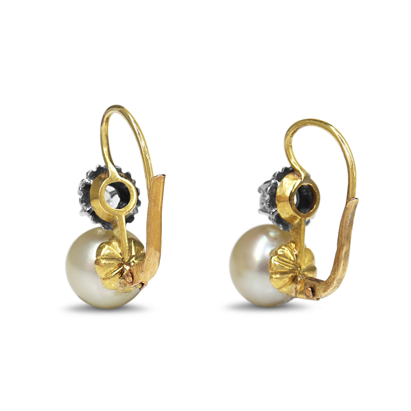 18ct Yellow and White Gold Antique Cultured Pearl and Old Cut Diamond Earrings
