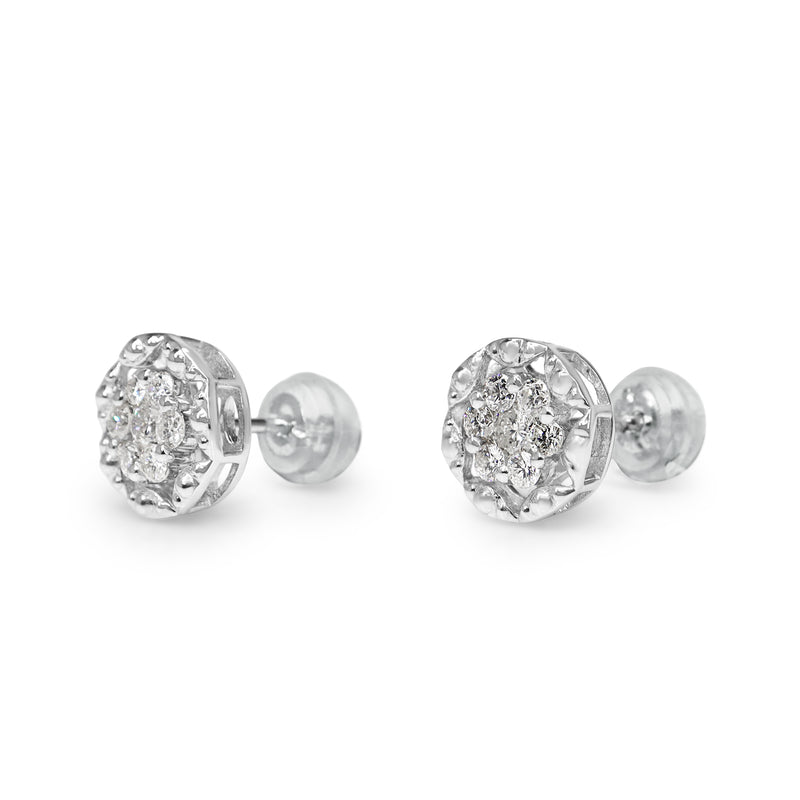 18ct White Gold Diamond Cluster Earrings With Beading Edging
