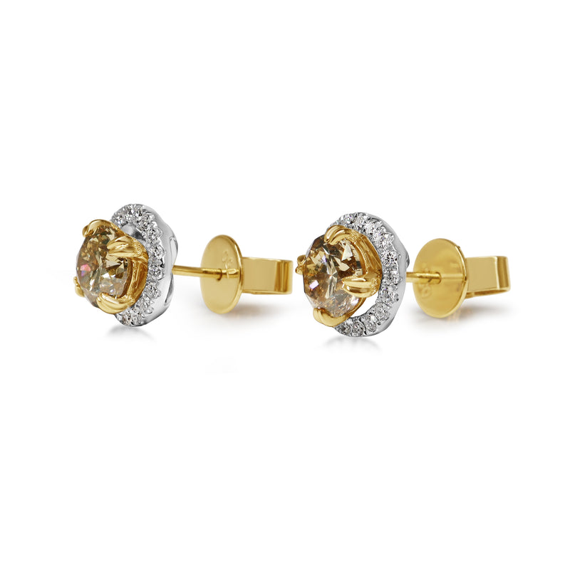18ct Yellow and White Gold Champagne Diamond Stud Earrings with Removable Halo 'Jacket'