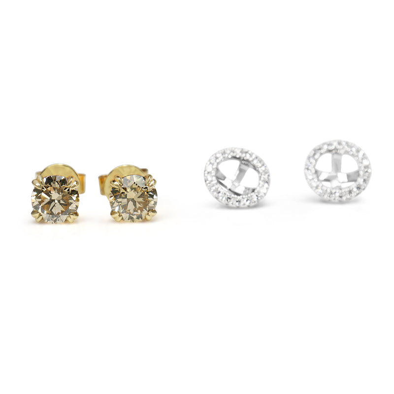 18ct Yellow and White Gold Champagne Diamond Stud Earrings with Removable Halo 'Jacket'