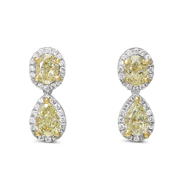 18ct Yellow and White Gold Oval and Pear Yellow Diamond Halo Drop Earrings