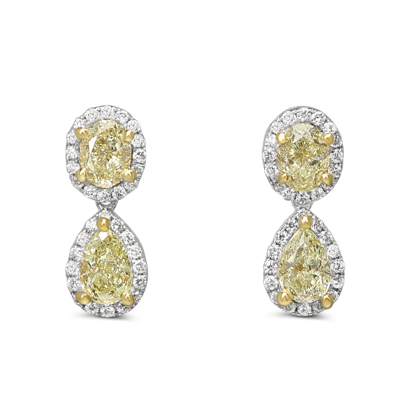 18ct Yellow and White Gold Oval and Pear Yellow Diamond Halo Drop Earrings